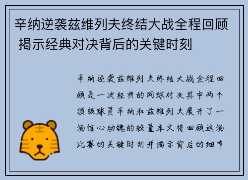 辛纳逆袭兹维列夫终结大战全程回顾 揭示经典对决背后的关键时刻